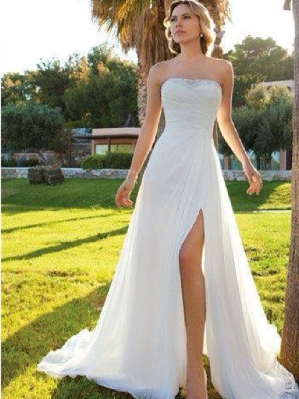 Demetrios DR201 Chiffon strapless A line gown
